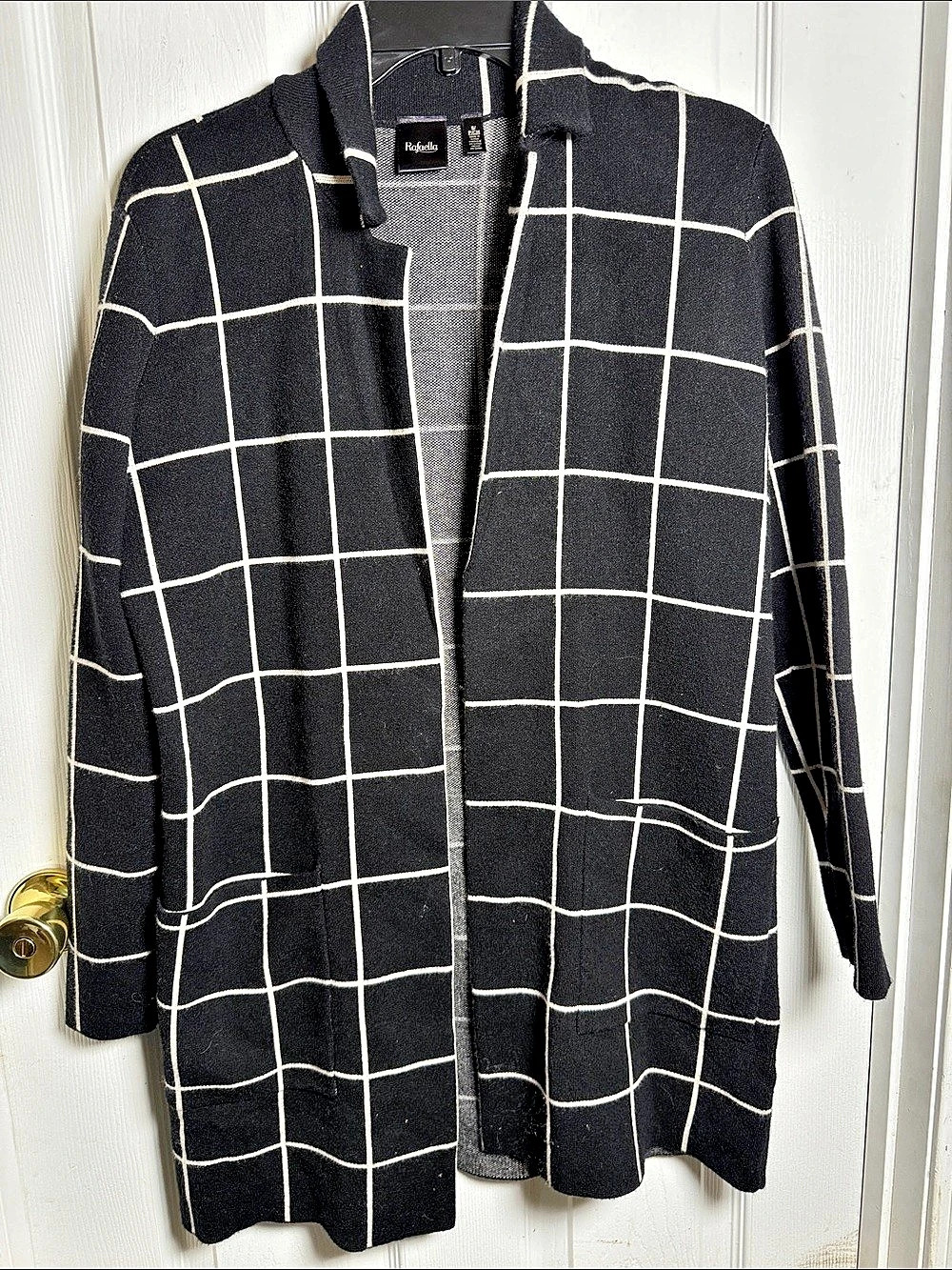 Rafaella Black and White Windowpane Open-Front Cardigan
